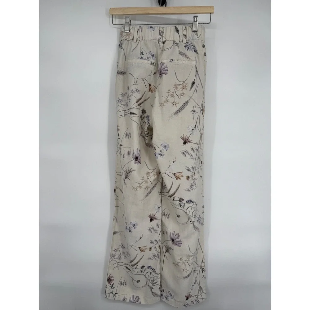 H&M Floral Print Wide Leg Pants Women Beige Lavender Blue Size‎ EUR 34 US 2